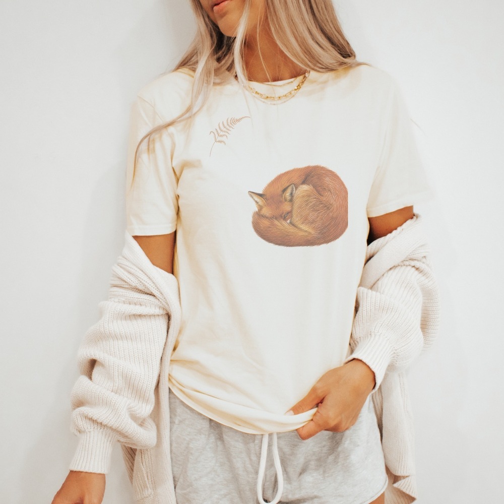 Fox Curled Asleep Under a Golden Fern Tee